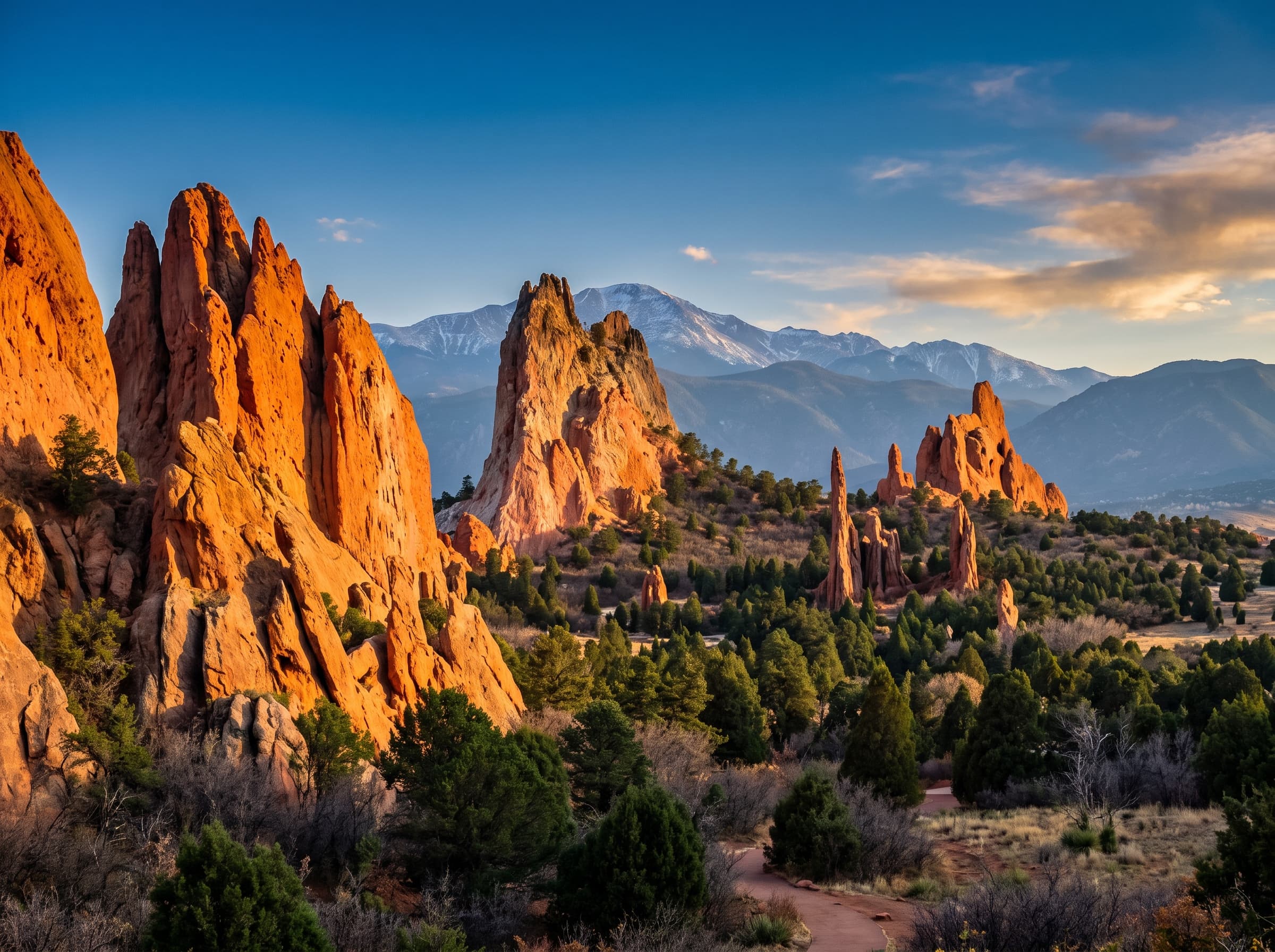 Towering red sandstone spires at Garden of the Gods glowing at golden hour, with snow-capped Pikes Peak behind