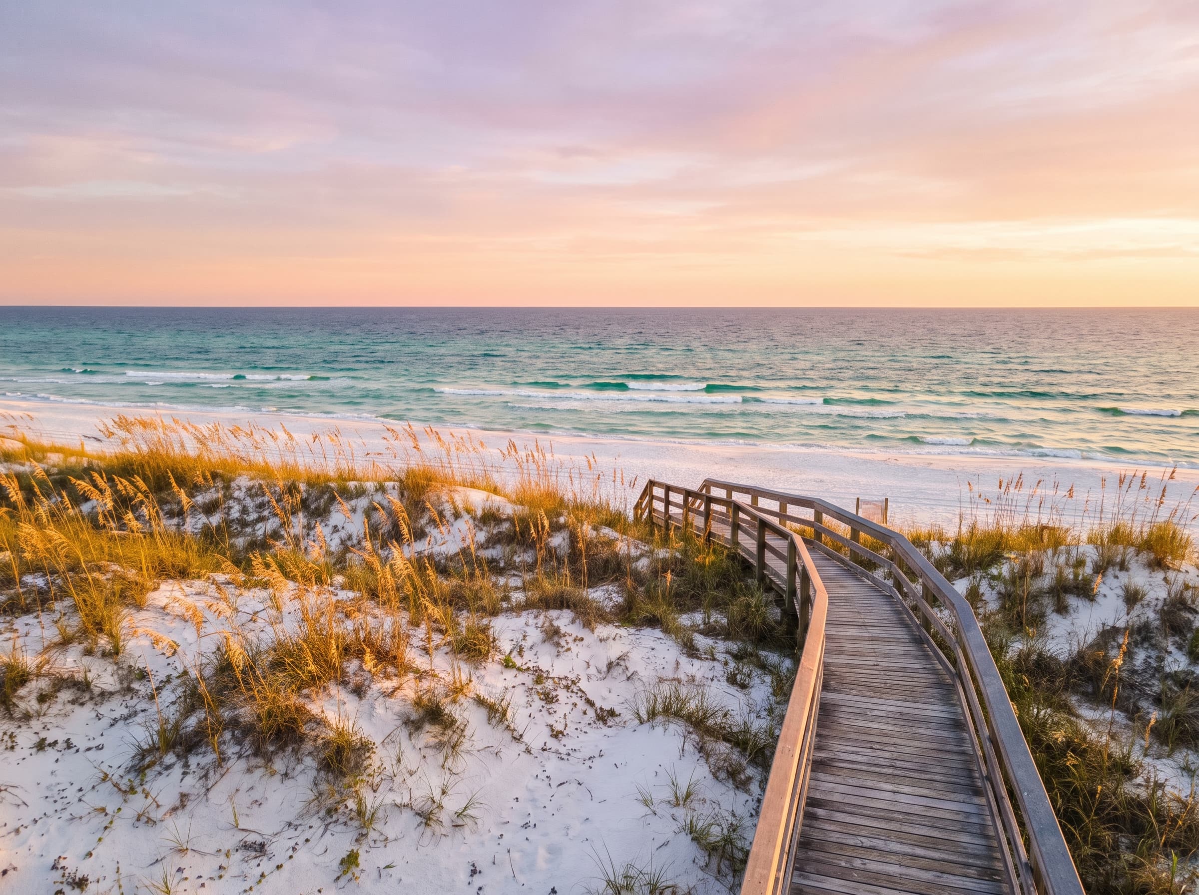 Boardwalk over white-sand dunes and sea oats leading to the emerald Gulf at Henderson Beach State Park at sunset